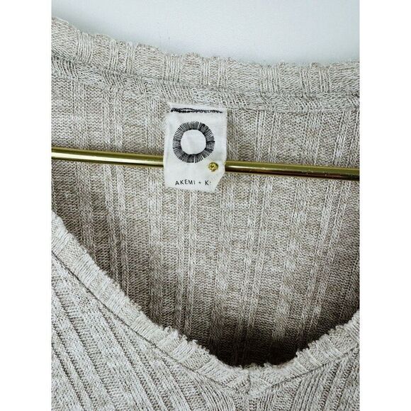 Anthropologie Akemi + Kin Oatmeal Color V-Neck Top Long Sleeve Ribbed  Tunic - Picture 2 of 7